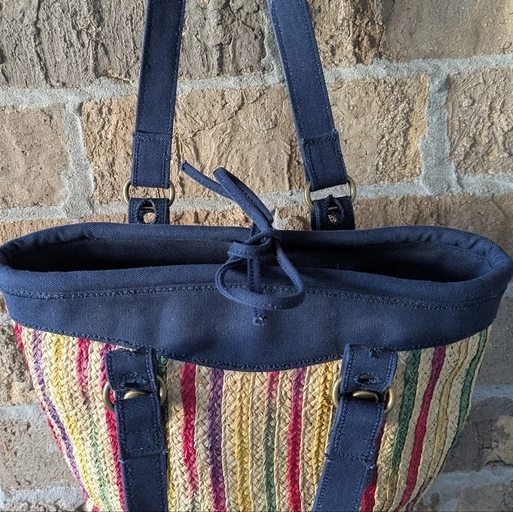 Vintage Y2K Lucky Brand Colorful Braided Straw Bucket Bag Tote Navy Blue